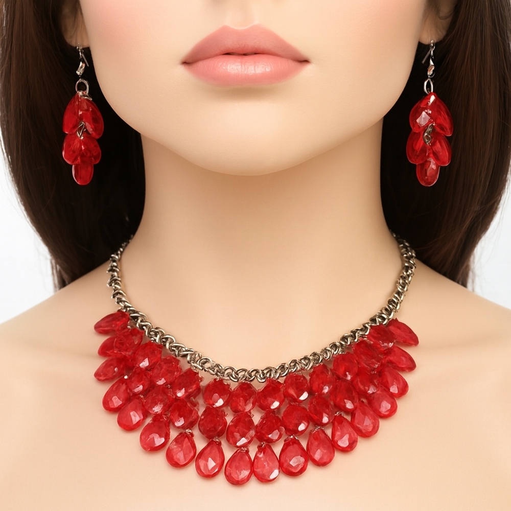 Silver & Red Pink Teardrop Beaded Necklace - Cluster beads Earrings Jewelry
